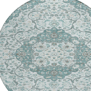 HomeRoots 5' Elegant Teal Blue and Ivory Medallion Area Rug - Durable, Washable Indoor/Outdoor Design for All Spaces 8' Round 617469