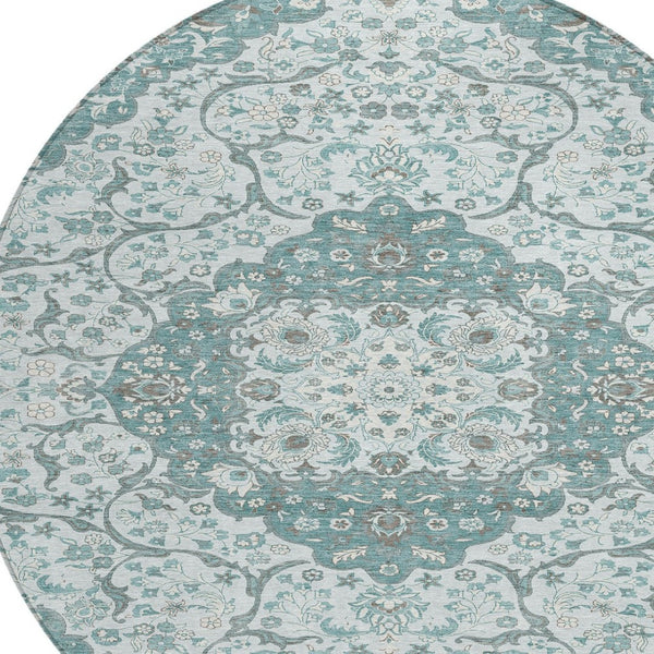 HomeRoots 5' Elegant Teal Blue and Ivory Medallion Area Rug - Durable, Washable Indoor/Outdoor Design for All Spaces 8' Round 617469