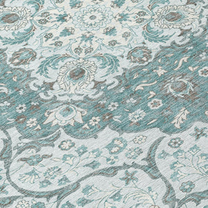 HomeRoots 5' Elegant Teal Blue and Ivory Medallion Area Rug - Durable, Washable Indoor/Outdoor Design for All Spaces 8' Round 617469