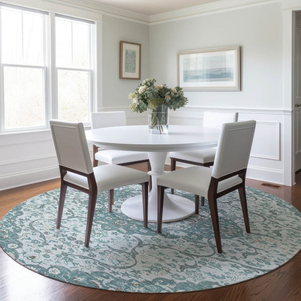 HomeRoots 5' Elegant Teal Blue and Ivory Medallion Area Rug - Durable, Washable Indoor/Outdoor Design for All Spaces 8' Round 617469