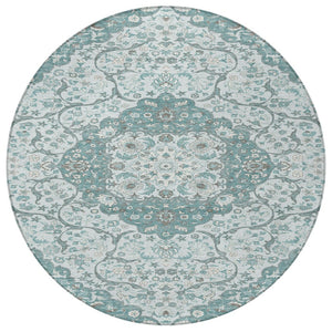 HomeRoots 5' Elegant Teal Blue and Ivory Medallion Area Rug - Durable, Washable Indoor/Outdoor Design for All Spaces 8' Round 617469