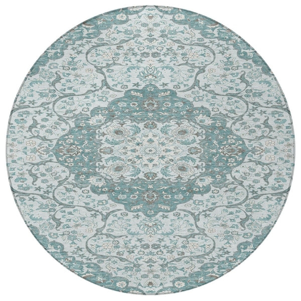 HomeRoots 5' Elegant Teal Blue and Ivory Medallion Area Rug - Durable, Washable Indoor/Outdoor Design for All Spaces 8' Round 617469