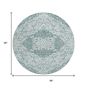 HomeRoots 5' Elegant Teal Blue and Ivory Medallion Area Rug - Durable, Washable Indoor/Outdoor Design for All Spaces 8' Round 617469
