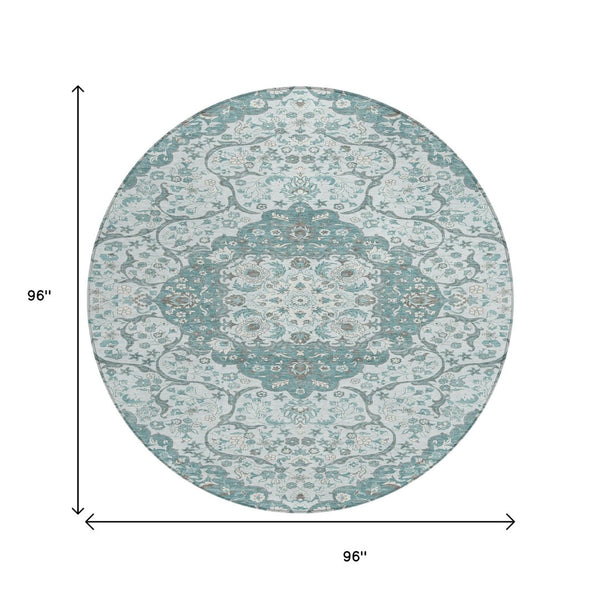 HomeRoots 5' Elegant Teal Blue and Ivory Medallion Area Rug - Durable, Washable Indoor/Outdoor Design for All Spaces 8' Round 617469
