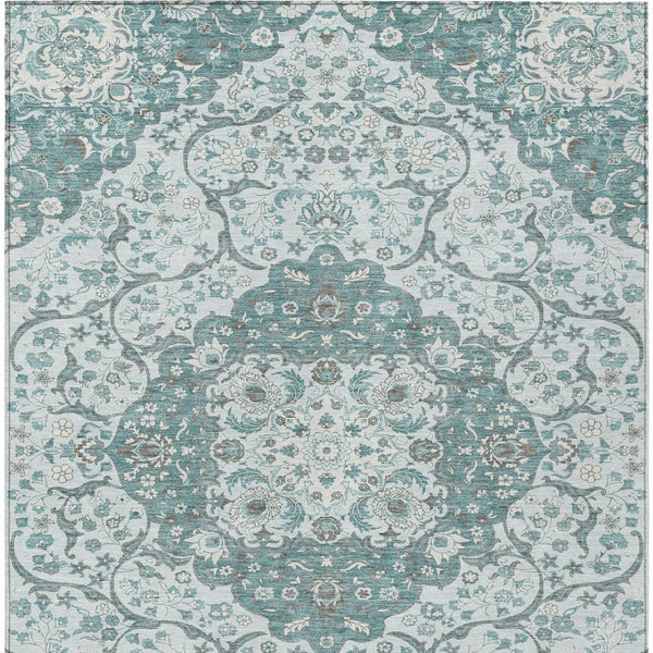 HomeRoots 5' Elegant Teal Blue and Ivory Medallion Area Rug - Durable, Washable Indoor/Outdoor Design for All Spaces 8' X 10' 617470