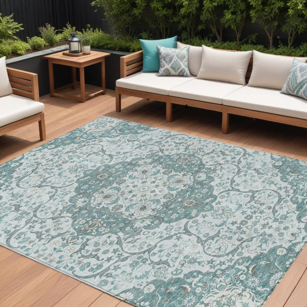 HomeRoots 5' Elegant Teal Blue and Ivory Medallion Area Rug - Durable, Washable Indoor/Outdoor Design for All Spaces 8' X 10' 617470