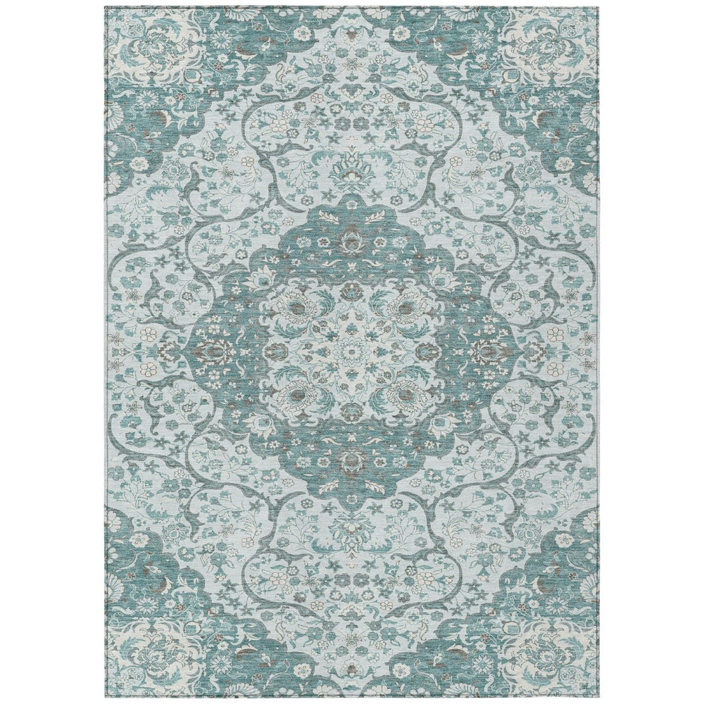 HomeRoots 5' Elegant Teal Blue and Ivory Medallion Area Rug - Durable, Washable Indoor/Outdoor Design for All Spaces 8' X 10' 617470