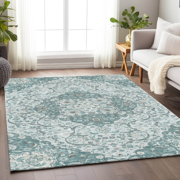 HomeRoots 5' Elegant Teal Blue and Ivory Medallion Area Rug - Durable, Washable Indoor/Outdoor Design for All Spaces 8' X 10' 617470