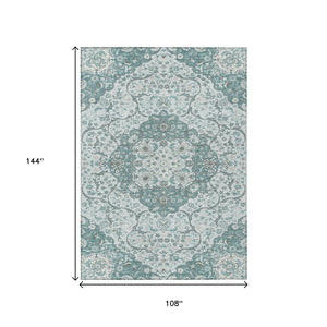 HomeRoots 5' Elegant Teal Blue and Ivory Medallion Area Rug - Durable, Washable Indoor/Outdoor Design for All Spaces 9' X 12' 617471