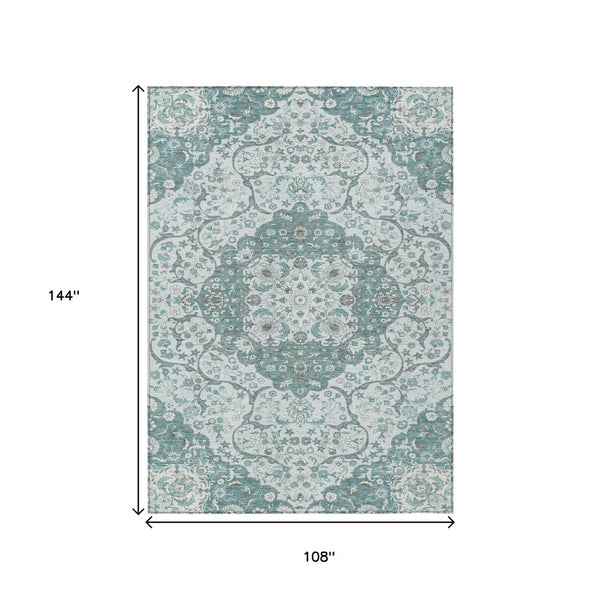 HomeRoots 5' Elegant Teal Blue and Ivory Medallion Area Rug - Durable, Washable Indoor/Outdoor Design for All Spaces 9' X 12' 617471