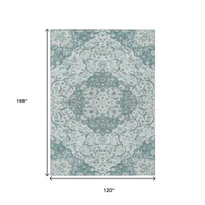 HomeRoots 5' Elegant Teal Blue and Ivory Medallion Area Rug - Durable, Washable Indoor/Outdoor Design for All Spaces 10' X 14' 617472