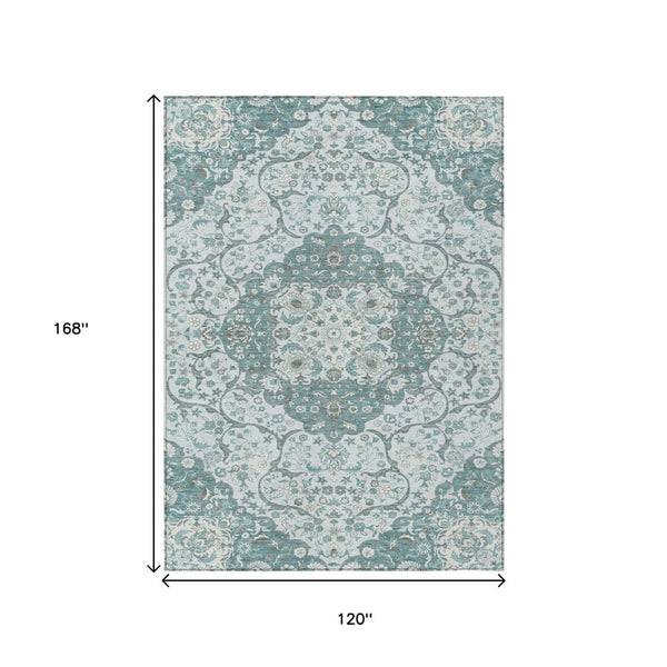HomeRoots 5' Elegant Teal Blue and Ivory Medallion Area Rug - Durable, Washable Indoor/Outdoor Design for All Spaces 10' X 14' 617472