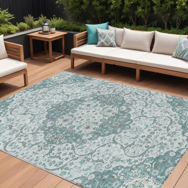 HomeRoots 5' Elegant Teal Blue and Ivory Medallion Area Rug - Durable, Washable Indoor/Outdoor Design for All Spaces 10' X 14' 617472