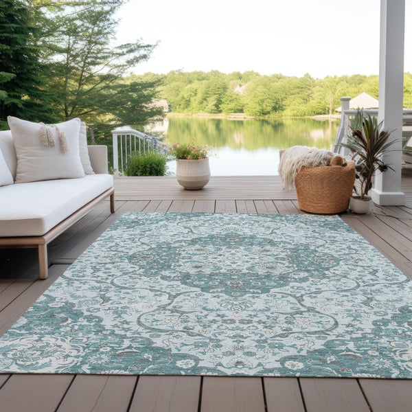 HomeRoots 5' Elegant Teal Blue and Ivory Medallion Area Rug - Durable, Washable Indoor/Outdoor Design for All Spaces 10' X 14' 617472