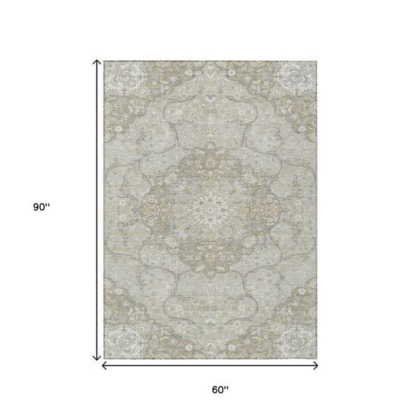 HomeRoots 5' Elegant Taupe and Ivory Medallion Indoor Outdoor Area Rug – Durable, Washable, Versatile Design 5' X 8' 617474