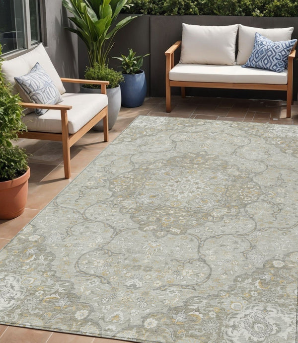 HomeRoots 5' Elegant Taupe and Ivory Medallion Indoor Outdoor Area Rug – Durable, Washable, Versatile Design 5' X 8' 617474