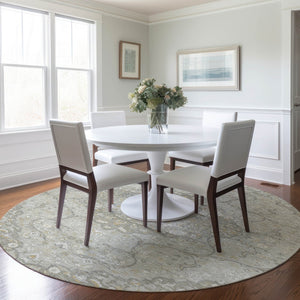 HomeRoots 5' Elegant Taupe and Ivory Medallion Indoor Outdoor Area Rug – Durable, Washable, Versatile Design 8' Round 617475