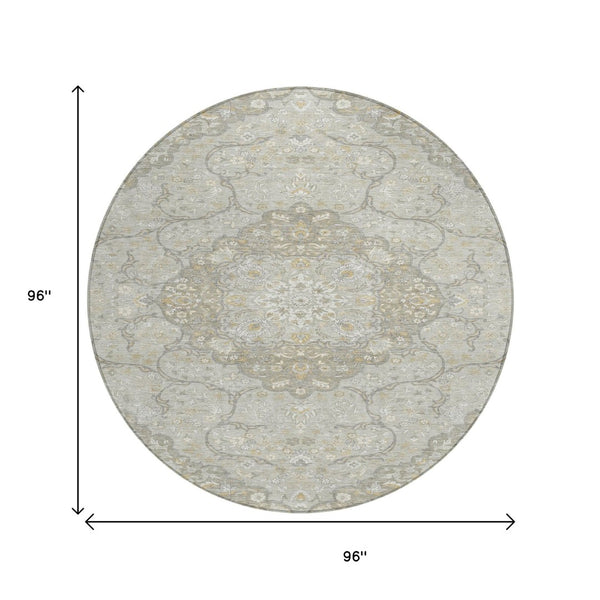 HomeRoots 5' Elegant Taupe and Ivory Medallion Indoor Outdoor Area Rug – Durable, Washable, Versatile Design 8' Round 617475