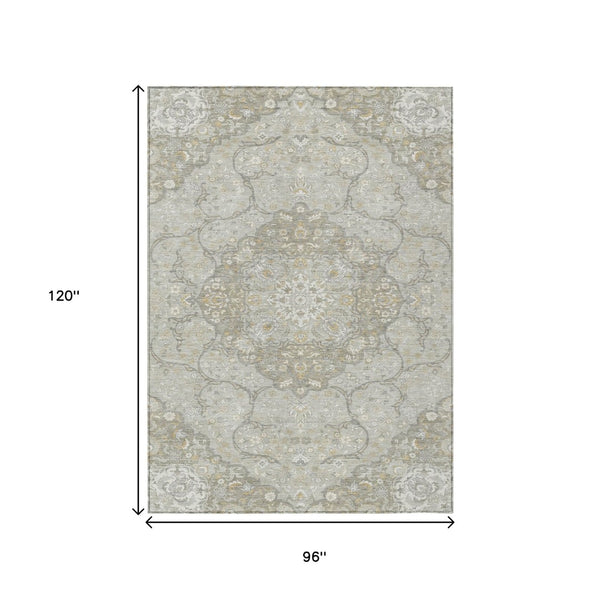 HomeRoots 5' Elegant Taupe and Ivory Medallion Indoor Outdoor Area Rug – Durable, Washable, Versatile Design 8' X 10' 617476