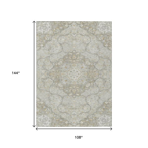 HomeRoots 9' Taupe & Ivory Medallion Washable Area Rug - Durable Indoor/Outdoor Solution for Busy Spaces! 617477