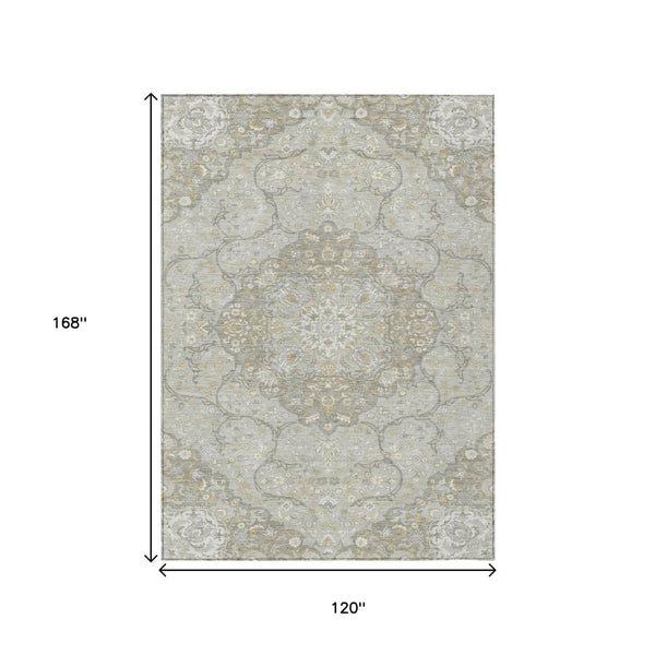 HomeRoots 5' Elegant Taupe and Ivory Medallion Indoor Outdoor Area Rug – Durable, Washable, Versatile Design 10' X 14' 617478
