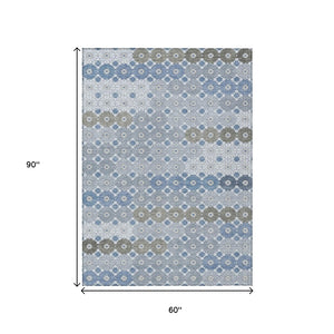 HomeRoots 5' Denim Blue Gray Floral Indoor Outdoor Area Rug - Stylish, Durable, Washable for High-Traffic Spaces 5' X 8' 617495