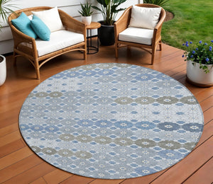 HomeRoots 5' Denim Blue Gray Floral Indoor Outdoor Area Rug - Stylish, Durable, Washable for High-Traffic Spaces 8' Round 617496