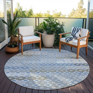 HomeRoots 5' Denim Blue Gray Floral Indoor Outdoor Area Rug - Stylish, Durable, Washable for High-Traffic Spaces 8' Round 617496