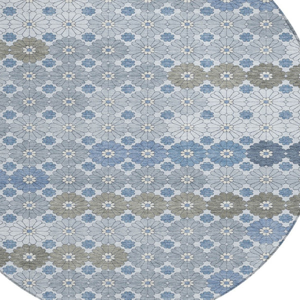 HomeRoots 5' Denim Blue Gray Floral Indoor Outdoor Area Rug - Stylish, Durable, Washable for High-Traffic Spaces 8' Round 617496