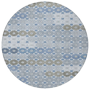 HomeRoots 5' Denim Blue Gray Floral Indoor Outdoor Area Rug - Stylish, Durable, Washable for High-Traffic Spaces 8' Round 617496
