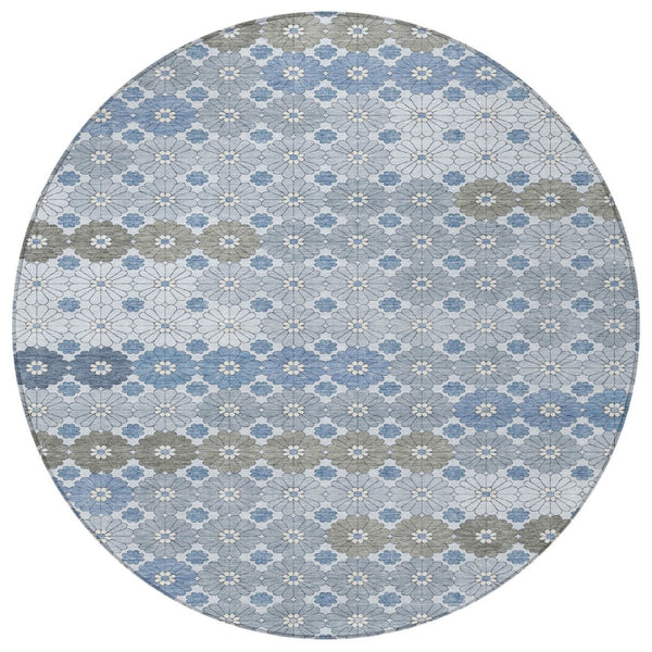 HomeRoots 5' Denim Blue Gray Floral Indoor Outdoor Area Rug - Stylish, Durable, Washable for High-Traffic Spaces 8' Round 617496