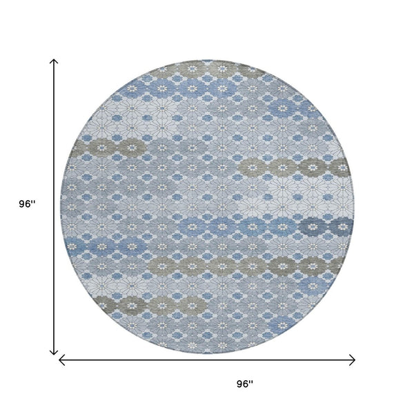 HomeRoots 5' Denim Blue Gray Floral Indoor Outdoor Area Rug - Stylish, Durable, Washable for High-Traffic Spaces 8' Round 617496
