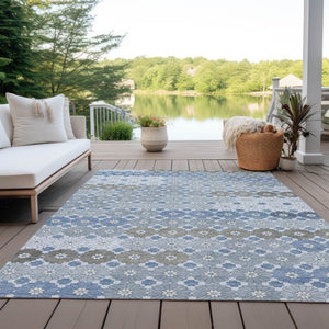 HomeRoots 5' Denim Blue Gray Floral Indoor Outdoor Area Rug - Stylish, Durable, Washable for High-Traffic Spaces 8' X 10' 617497