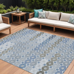 HomeRoots 5' Denim Blue Gray Floral Indoor Outdoor Area Rug - Stylish, Durable, Washable for High-Traffic Spaces 10' X 14' 617499