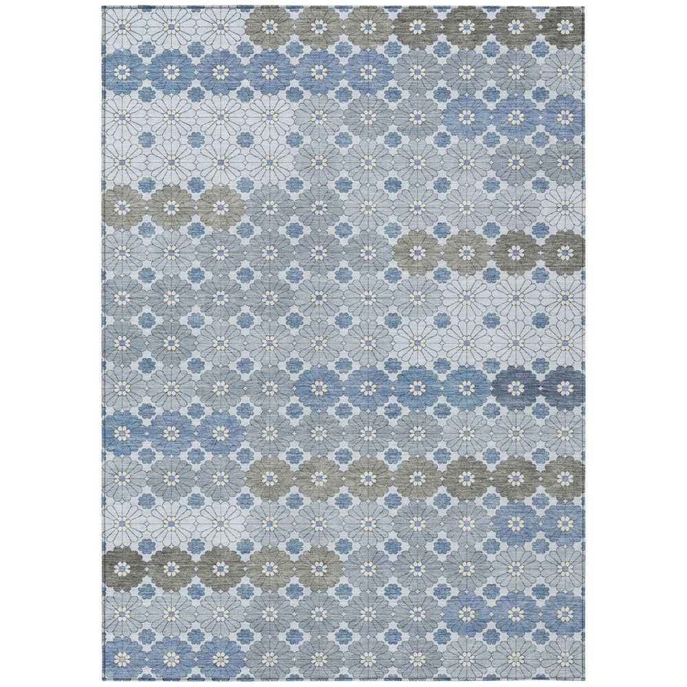HomeRoots 5' Denim Blue Gray Floral Indoor Outdoor Area Rug - Stylish, Durable, Washable for High-Traffic Spaces 10' X 14' 617499