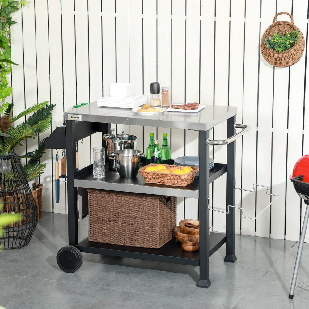 English Elm Outsunny Rolling Outdoor Kitchen Cart with Stainless Steel Top and Three Storage Shelves W2225P174292