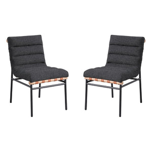 English Elm Set Of 2 Modern Black Boucle Dining Chairs With Iron Legs & Cognac Leather Accents For Cozy Dining B016P392716-GIGA