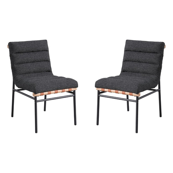 English Elm Set Of 2 Modern Black Boucle Dining Chairs With Iron Legs & Cognac Leather Accents For Cozy Dining B016P392716-GIGA