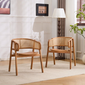 English Elm Rattan Mesh Back Rubberwood Arm Dining Chairs Bohemian Coastal Natural Set of 2 N772P415449N