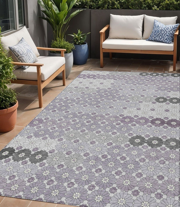 HomeRoots 5' Elegant Lavender Gray and Ivory Floral Area Rug – Stylish, Washable, Durable for Indoors & Outdoors 5' X 8' 617507