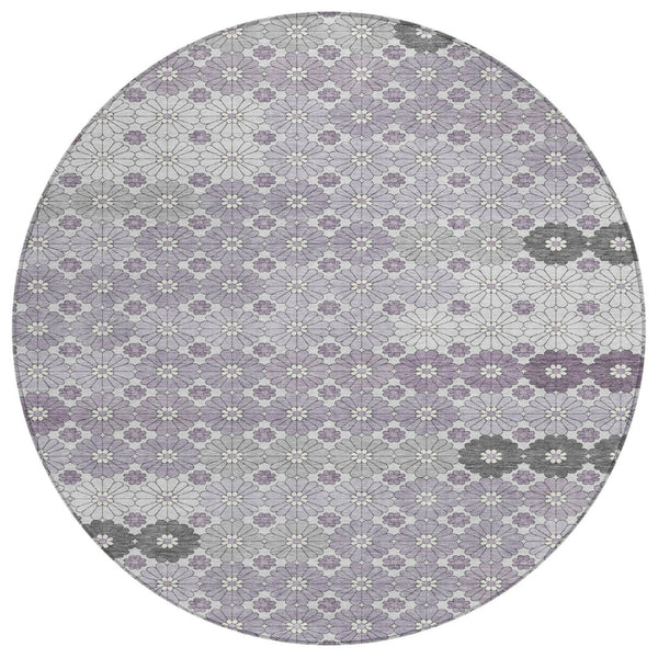 HomeRoots 5' Elegant Lavender Gray and Ivory Floral Area Rug – Stylish, Washable, Durable for Indoors & Outdoors 8' Round 617508