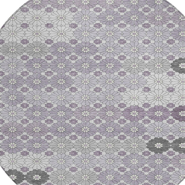 HomeRoots 5' Elegant Lavender Gray and Ivory Floral Area Rug – Stylish, Washable, Durable for Indoors & Outdoors 8' Round 617508