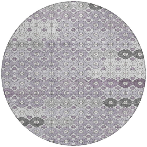 HomeRoots 5' Elegant Lavender Gray and Ivory Floral Area Rug – Stylish, Washable, Durable for Indoors & Outdoors 8' Round 617508