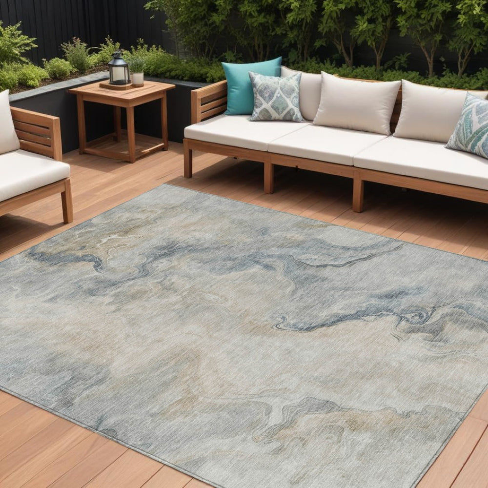 HomeRoots 5' Stylish Beige and Gray Abstract Washable Area Rug for Indoor and Outdoor High-Traffic Spaces 10' X 14' 617571