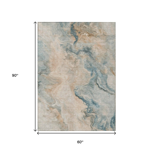 HomeRoots 5' Modern Teal Blue Coral Ivory Abstract Area Rug - Washable, Indoor/Outdoor, Stain-Resistant Design 5' X 8' 617585