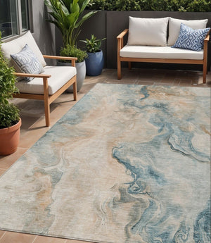 HomeRoots 5' Modern Teal Blue Coral Ivory Abstract Area Rug - Washable, Indoor/Outdoor, Stain-Resistant Design 5' X 8' 617585