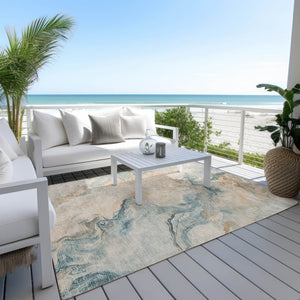 HomeRoots 5' Modern Teal Blue Coral Ivory Abstract Area Rug - Washable, Indoor/Outdoor, Stain-Resistant Design 5' X 8' 617585