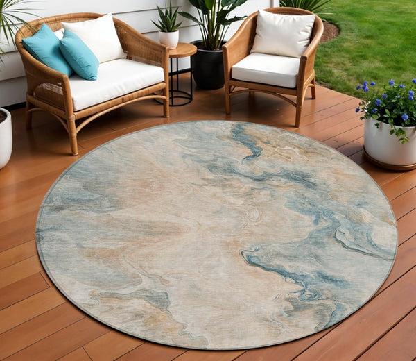 HomeRoots 5' Modern Teal Blue Coral Ivory Abstract Area Rug - Washable, Indoor/Outdoor, Stain-Resistant Design 8' Round 617586