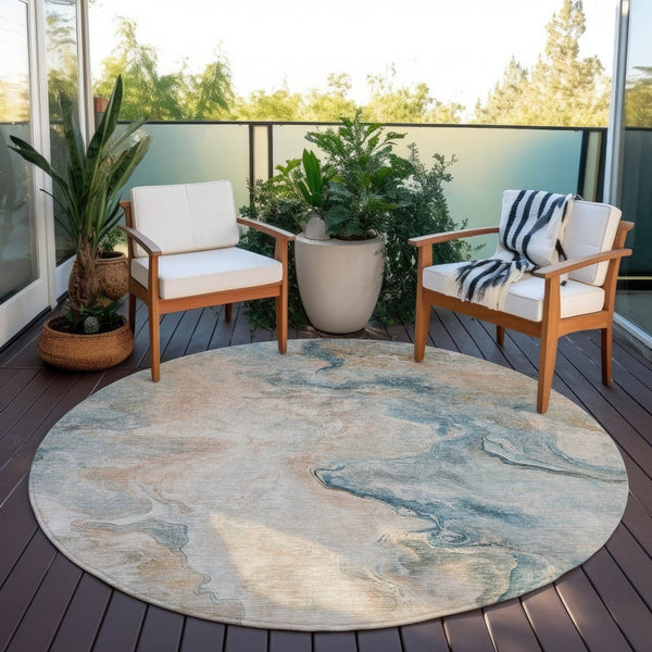 HomeRoots 5' Modern Teal Blue Coral Ivory Abstract Area Rug - Washable, Indoor/Outdoor, Stain-Resistant Design 8' Round 617586