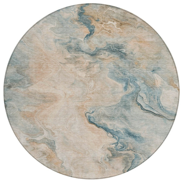 HomeRoots 5' Modern Teal Blue Coral Ivory Abstract Area Rug - Washable, Indoor/Outdoor, Stain-Resistant Design 8' Round 617586